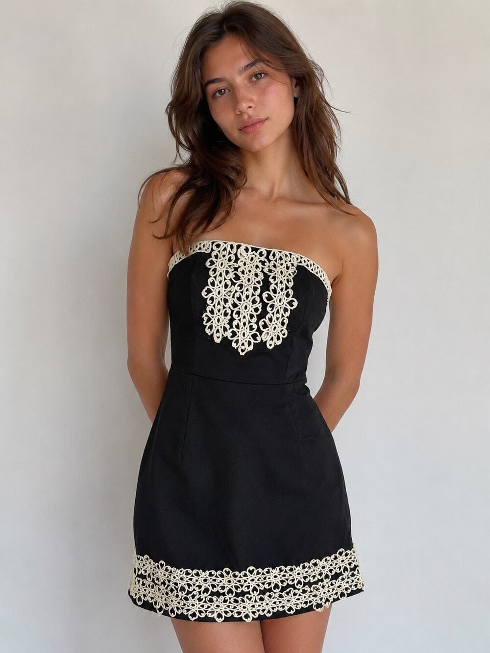 Black Ivory Lace Strapless Mini Dress Y2K Event Cocktail Party Babydoll Style